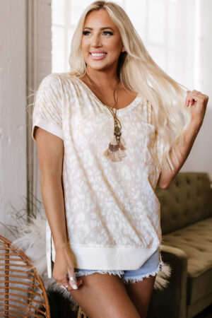 Khaki Leopard Print V Neck Side Slit Loose Fit T Shirt